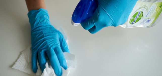 Mise au concours person in blue gloves holding white textile